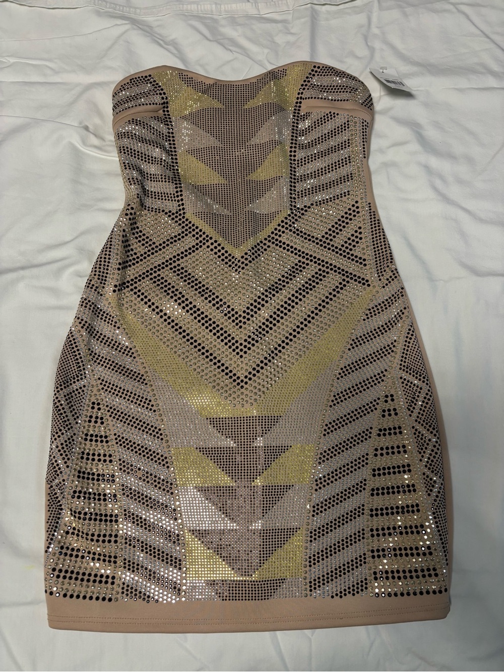 Ruby Rox Strapless Nude and Gold Sequin Bodycon Dress